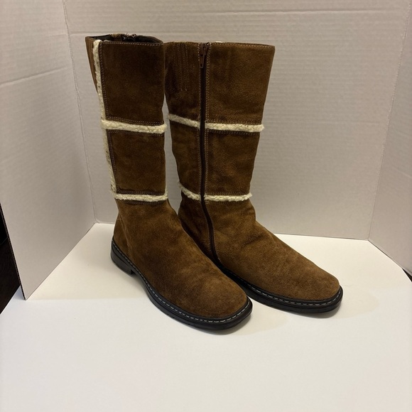 Bass Shoes - Vintage BASS Shearling Boots Leather Upper Womens 7M Brown Round Toe Block Heel